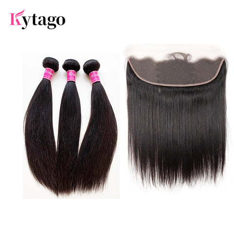 Kytago Peruvian Pre-plucked Straight Hair Lace Frontal 13*4 With 3 Bundles