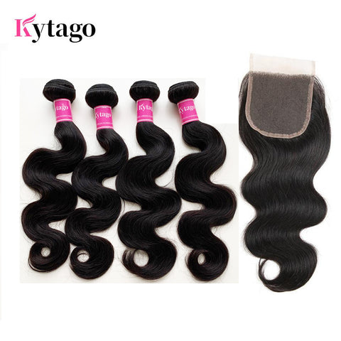 Kytago 4 Bundles Body Wave Hair With Peruvian 4*4 Lace Closure