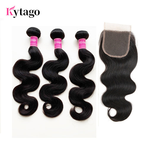Kytago Indian Body Wave Hair 3 Bundles With 4*4 Lace Closure