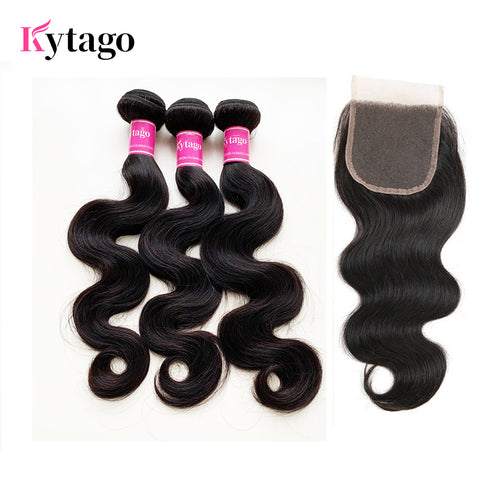 Kytago 3 Bundles Peruvian Body Wave Hair With 4*4 Lace Closure African American
