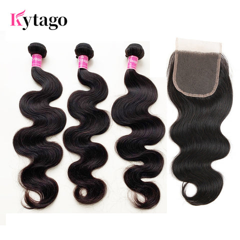 Kytago Pre-plucked 3 Bundles Brazilian Body Wave Hair With 4*4 Lace Closure