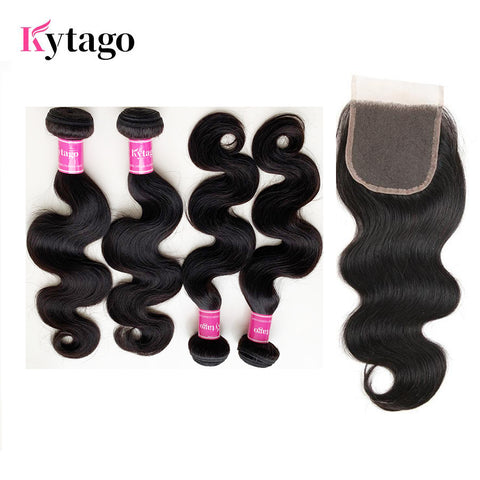 Kytago Indian Human Hair Body Wave 4 Bundles With 4*4 Lace Closure