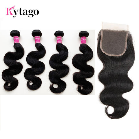 Kytago Brazilian 4 Bundles Body Wave Hair Weave With 4*4 Lace Closure 100% Unprocessed Virgin Human Hair