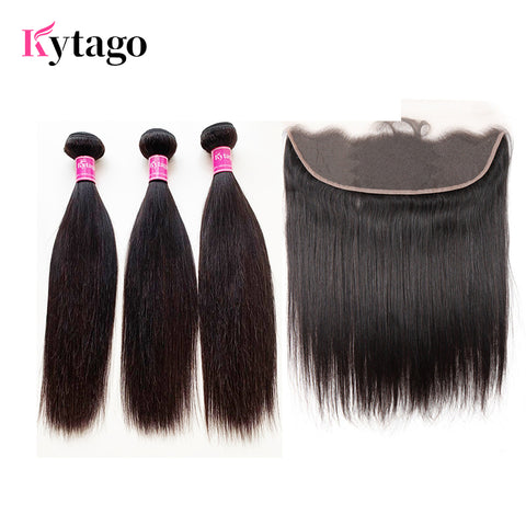 Kytago Brazilian Straight Virgin Hair Weave 3 Bundles With Lace Frontal 13*4 Ear To Ear