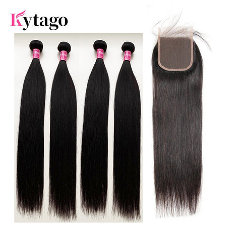 Kytago Malaysian Human Hair Straight 4 Bundles With 4*4 Lace Closure