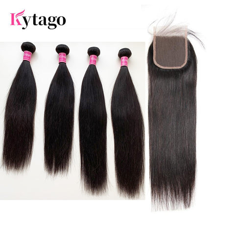 Kytago Brazilian 4 Bundles Virgin Straight Human Hair Weave With 4*4 Lace Closure