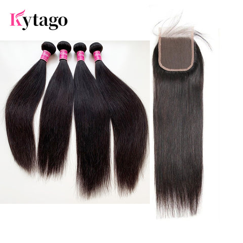 Kytago Straight Peruvian Virgin Human Hair 4*4 Lace Closure And 4 Bundles