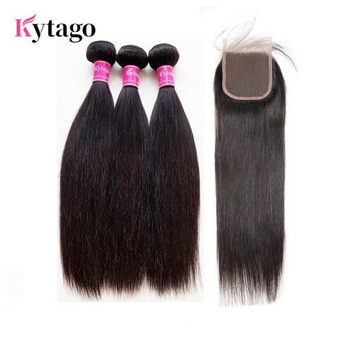 Kytago Brazilian Straight Virgin Hair Weave 3 Bundles With Lace Closure Soft Unprocessed Virgin Human Hair