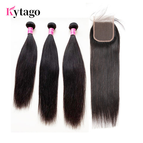 Kytago Indian Virgin Hair 3 Bundles Straight With 4*4 Lace Closure