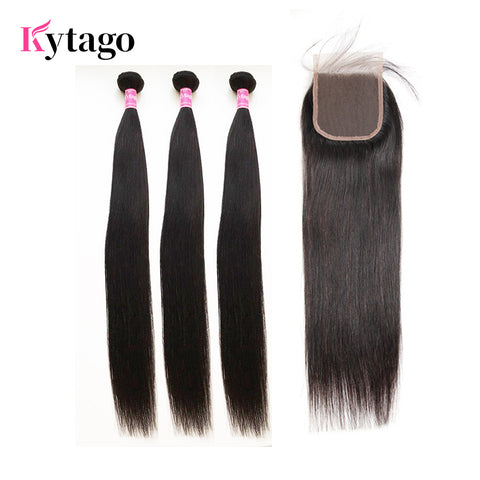 Kytago Malaysian Virgin Hair 3 Bundles Straight With 4*4 Lace Closure