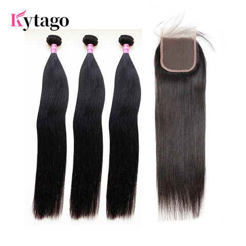 Kytago Unprocessed Peruvian Hair 3 Bundles Straight With 4*4 Lace Closure